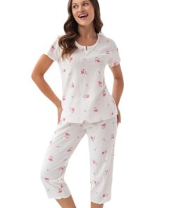 Piżama damska Luna 386 3/4 ecru w kwiatki waflowa tekstura