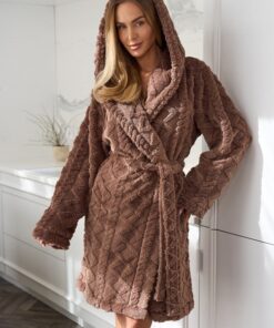 Szlafrok L&L 2401 Geo Puszysty miękki czekoladowy krótki