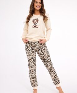 piżama damska długa beżowa panterka