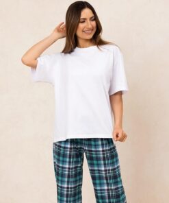 piżama damska swobodny krój luźne spodnie długie w kratę