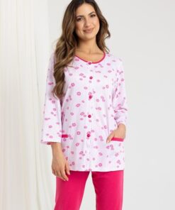 Piżama damska Regina 723 długa rozpinana na guziki malinowa