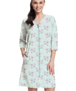Szlafrok damski bawełniany na suwak Luna 390 jasna mięta kwiaty