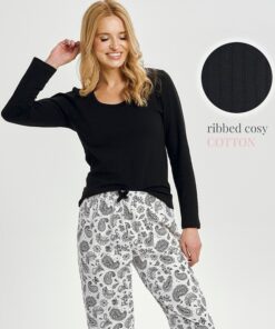 Piżama damska Taro Aida 3454 długi rękaw czarno biała