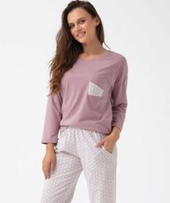 Piżama damska Luna 339 długa 7/8 bawełniana ecru kakao