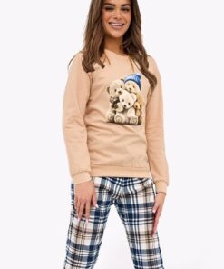 bezowa piżama damska długie rękawy ze ściągaczami