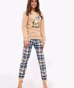 beżowa długa piżama damska bawełniana cornette w misie