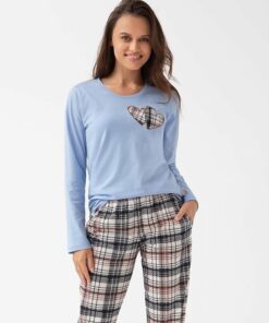 elegancka długa piżama damska kratka niebieski