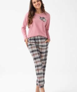 różowa piżam damska kratka długi rękaw luna