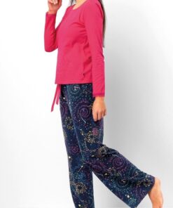 piżama damska długa róż granat szerokie swobodne spodnie od piżamy
