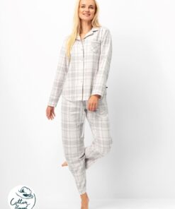 piżam damska key z flaneli bawełnianej jasny róż biała krata