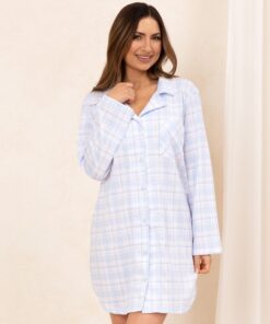 niebieska krata koszula nocna rozpinana całkowicie w kratę z bawełny