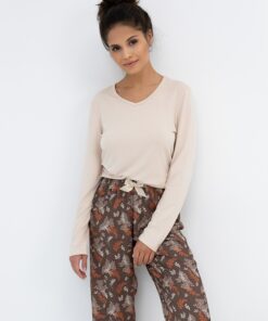 Piżama damska Sensis Shelby długi rękaw beżowo brązowa