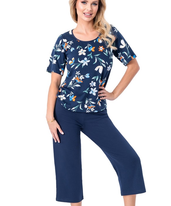 Piżama damska Donna Caroline spodnie 3/4 granatowa w kwiaty