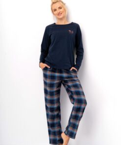 piżama damska długa granatowa z flanelowymi spodniami
