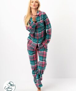 kolorowa długa piżama damska z flaneli bawełnianej key