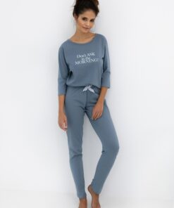 długa niebieska piżama damska sensis rękaw 3/4 i długie spodnie