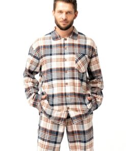 Piżama męska Key MNS 443 B25 Flanela ecru brąz kratka