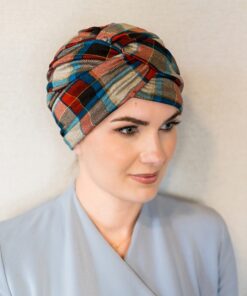 Żakardowy turban Roksana czerwono beżowa krata