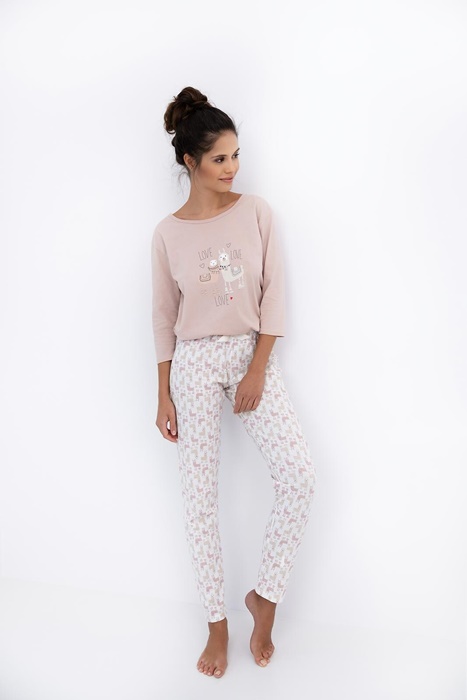 Piżama damska Sensis Milani długie spodnie rękaw 3/4 ecru róż - obrazek 2