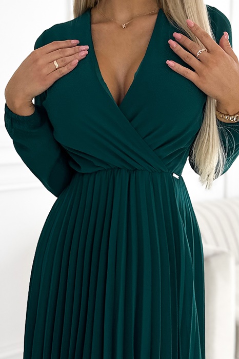Sukienka plisowana do kolan z długim rękawkiem butelkowa zieleń - obrazek 4