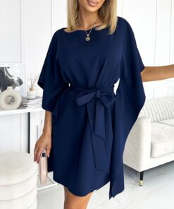 Sukienka Tunika wiązana z motylkowym rękawem granatowa