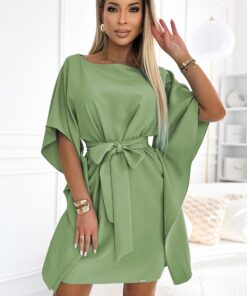 Sukienka Tunika wiązana z motylkowym rękawem oliwkowa