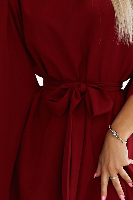 Sukienka Tunika wiązana z długim motylkowym rękawem bordowa - obrazek 5