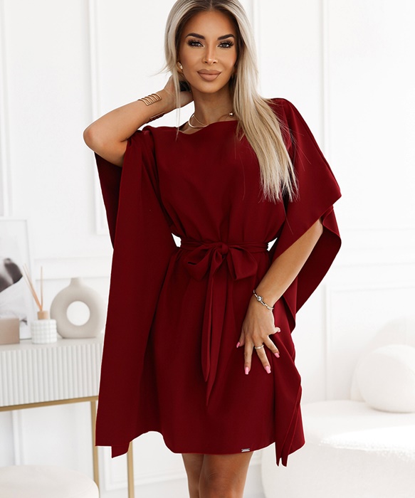 Sukienka Tunika wiązana z długim motylkowym rękawem bordowa