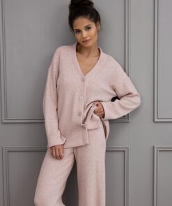 Piżama damska Sensis Alani na guziki struktura wafla pudrowy róż