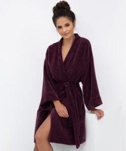 burgundowy ciepły miękki szlafrok wiązany sensis