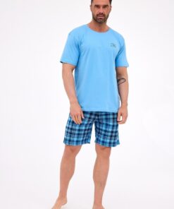 piżama meska krótkie spodnie błękitna bawełniana