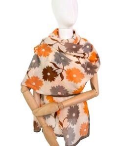 lekki szal damski w kwiaty beż ecru