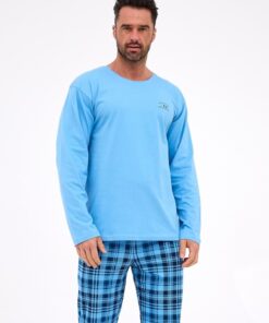 długa męska piżama bawełniana błękitna