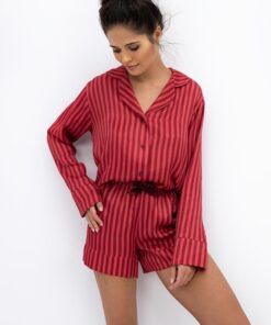 Piżama damska Sensis Vivienne krótkie spodnie rozpinana bordo