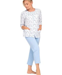 piżama dla babci biało niebieska rozpinana