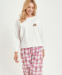 piżama damska z flanelowymi spodniami ecru róż