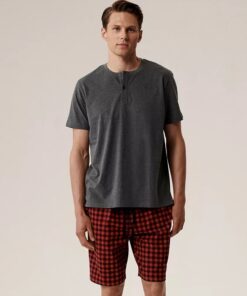 Piżama męska Atlantic krótkie spodenki grafitowo czerwona