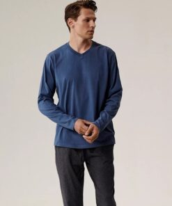 Piżama męska Atlantic bawełna z długim rękawem niebieski granat