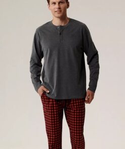 Piżama męska Atlantic z długim rękawem grafitowo czerwona