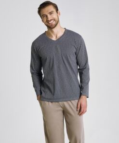 piżama męska z długimi rękawami bawełniana bezowo szara