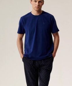 Piżama męska Atlantic krótki rękaw długie spodnie niebieski granat