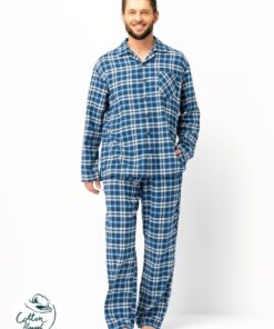 niebieska flanelowa rozpinana piżama meska