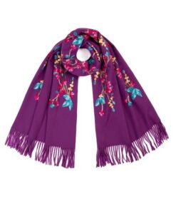 śliwkowy szeroki ciepły szal damski z wełną