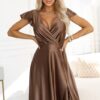długa satynowa kawowa suknia dekolt na zakładkę