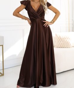 długa satynowa suknia balowa czekoladowy brązowy
