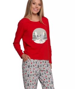 długa świąteczna PIŻAMA DAMSKA MORAJ SZARO CZERWONA