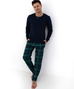 Piżama męska Sensis długi rękaw bawełniana zielona krata