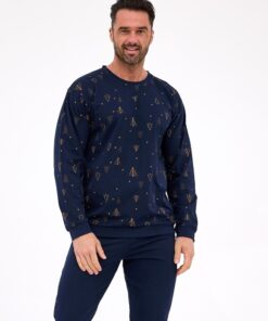 elegancka granatowa świąteczna piżama męska długa