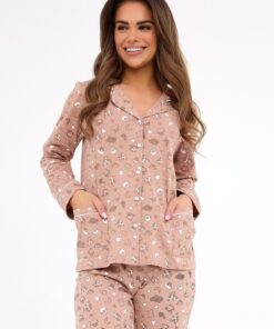 beżowa rozpinana długa piżama damska cornette wzór beż