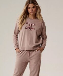 beżowa piząma damska długa atlantic bawełniana